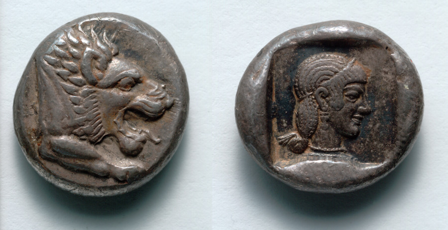 Drachm: Forepart of Lion (obverse); Head of Aphrodite (reverse)