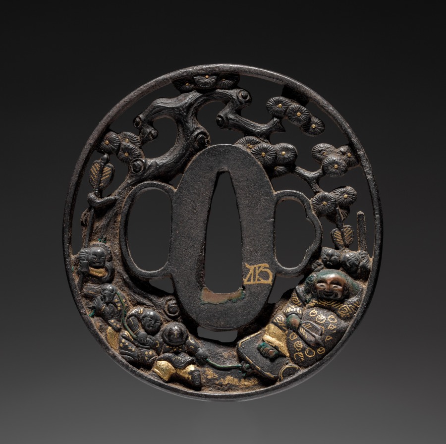 Sword Guard (Tsuba) with Daikokuten and Ebisu: Description of null - Snorql  for Cultural Japan