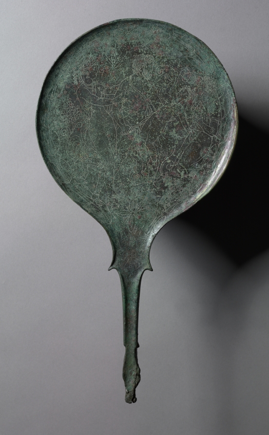 Mirror with Engraved Scene: Man Threatening Child (Telephos and Orestes?)