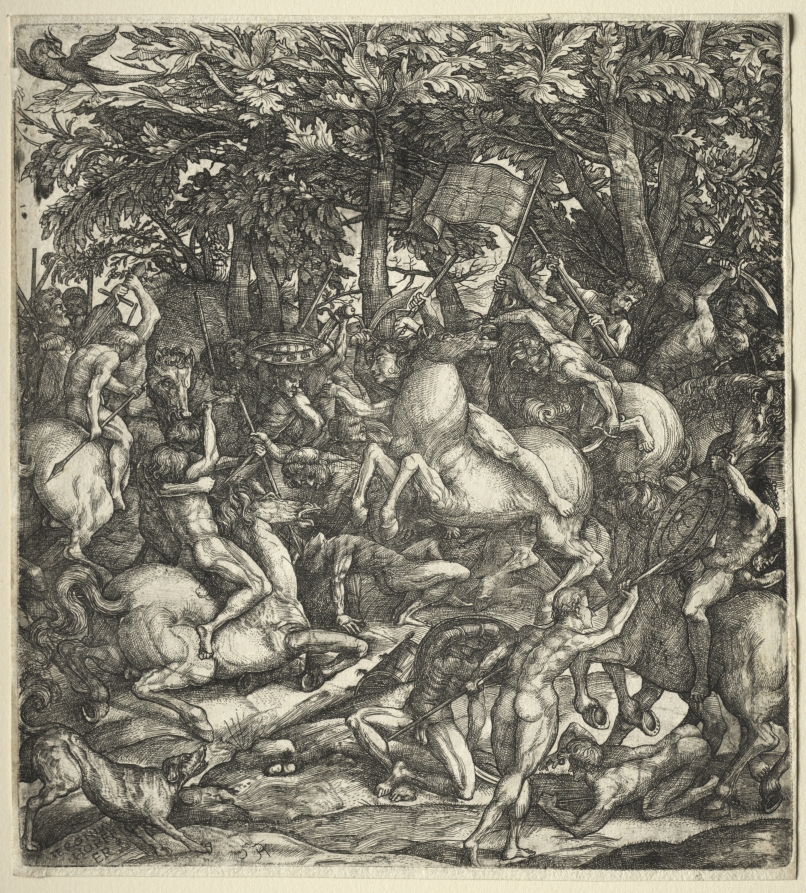 Combat between horsemen and footmen by Hieronymus Hopfer