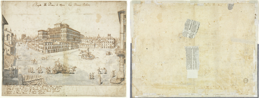 Eighteen Views of Rome: The Piazza Barberini (recto); Tracing of a Fountain from recto and Sketches of Two Faces (verso)