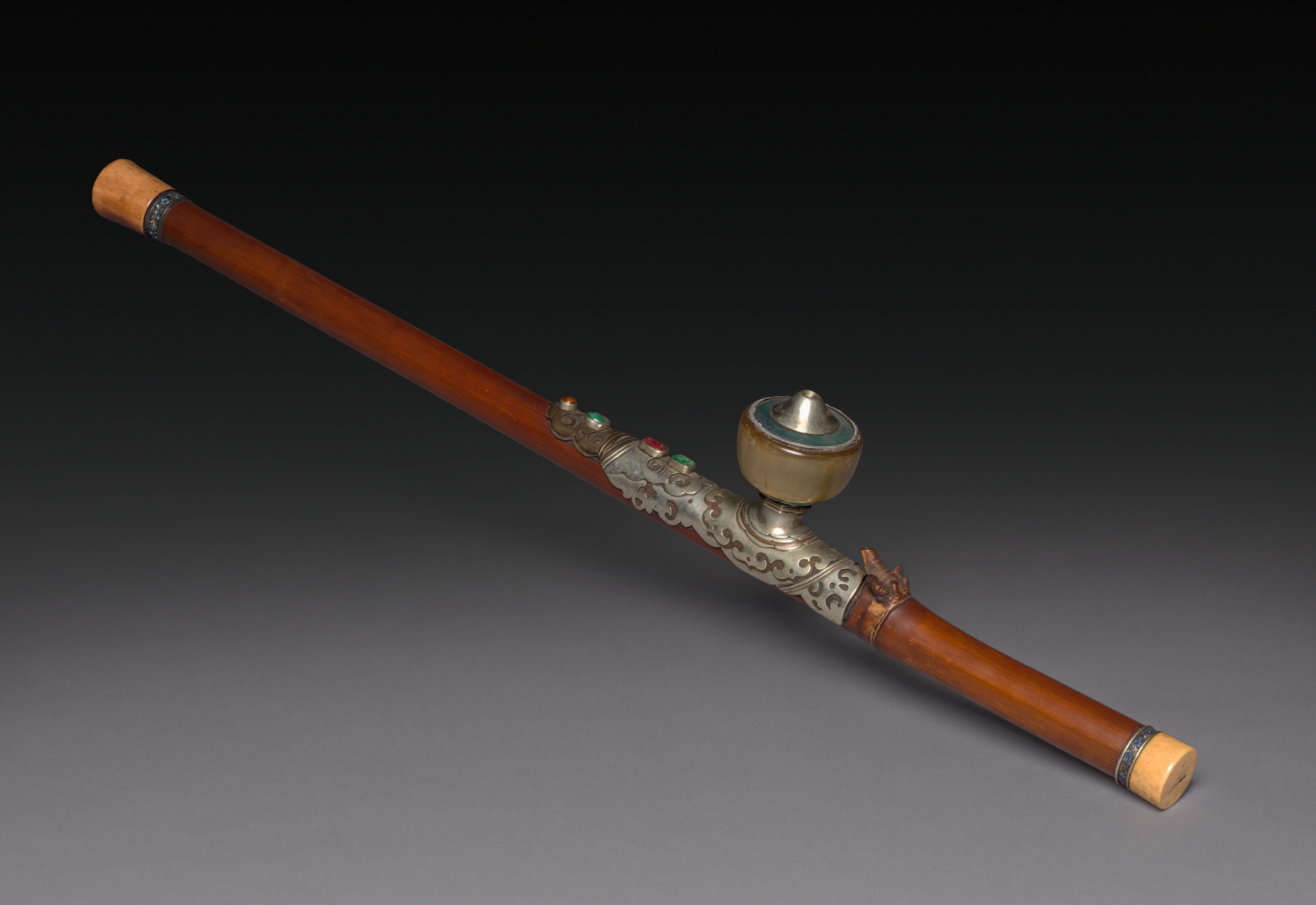 Lot 1158 - A MIXED METAL AND BAMBOO OPIUM PIPE, MEIJI