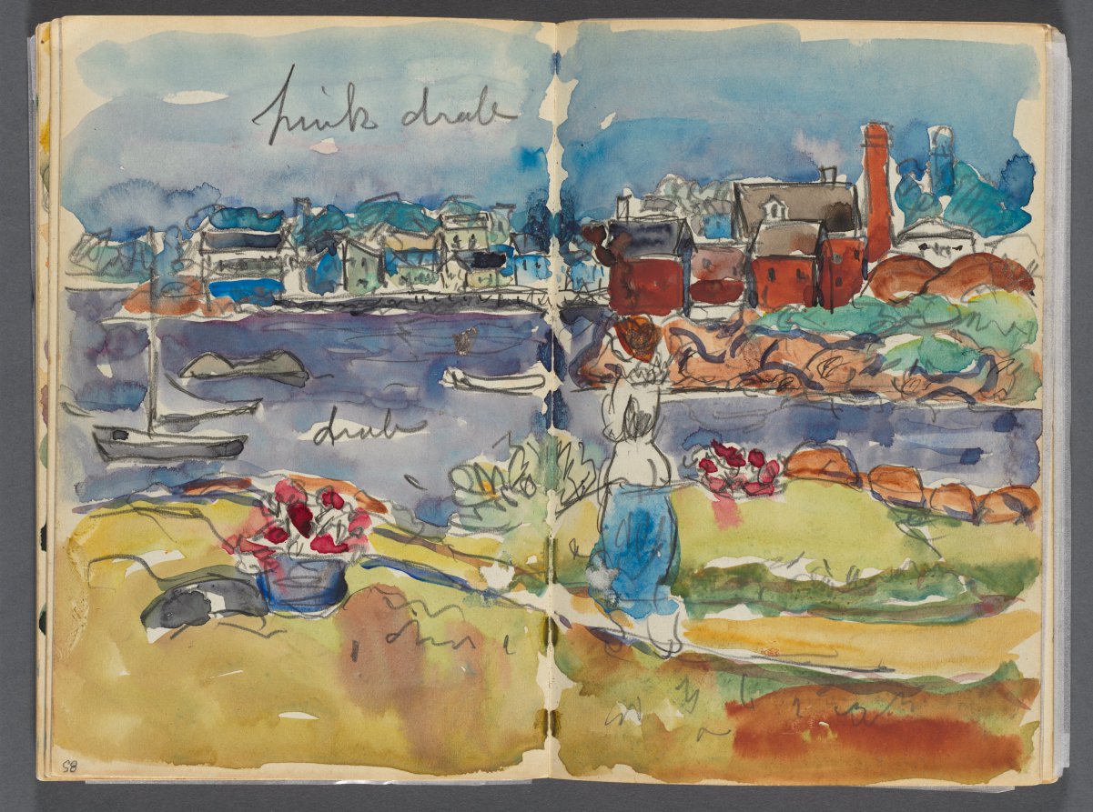 Sketchbook- The Granite Shore Hotel, Rockport, page 084 & 85: Harbor View with Color Notations 