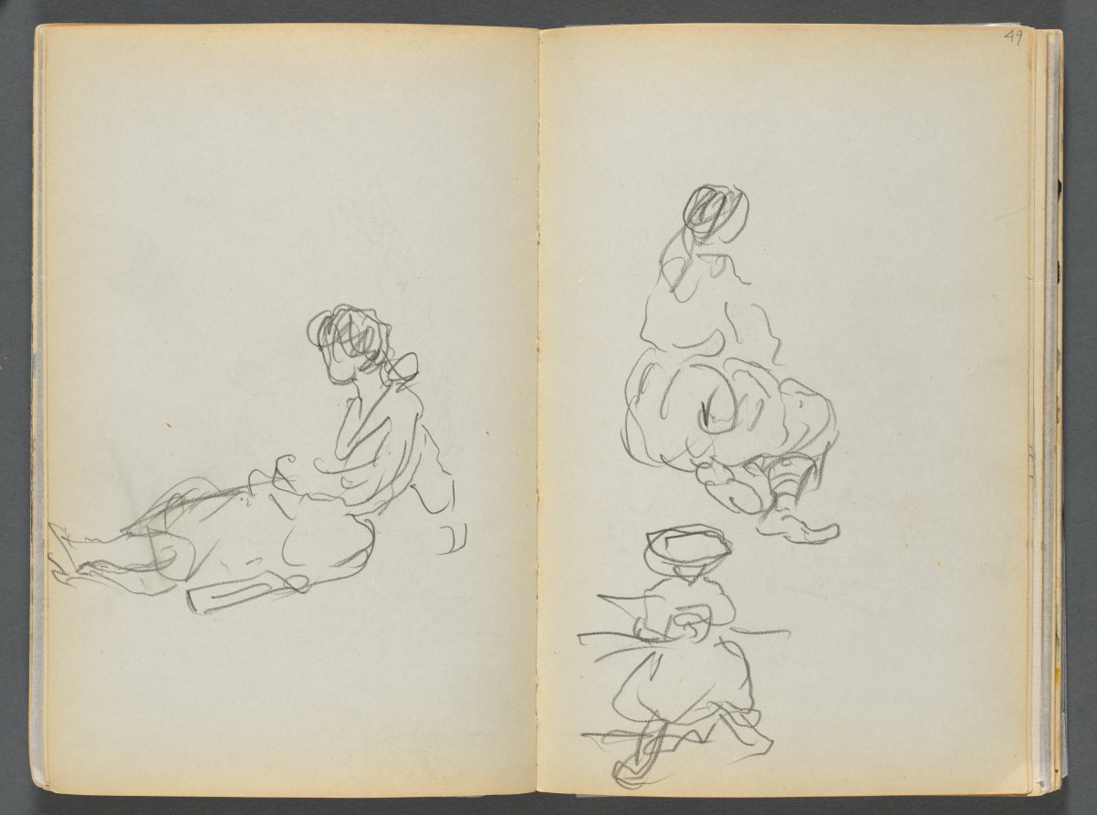 Sketchbook- The Granite Shore Hotel, Rockport, page 048 & 49: Seated Female Figures 