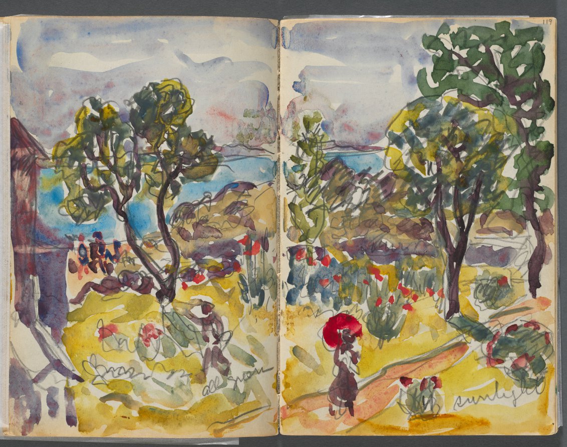 Sketchbook- The Granite Shore Hotel, Rockport, page 118 &119: Garden View with Notations