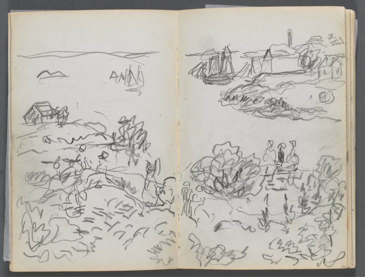 Sketchbook, The Dells, N° 127, page 042 & 43: Cove with Boats and Figures