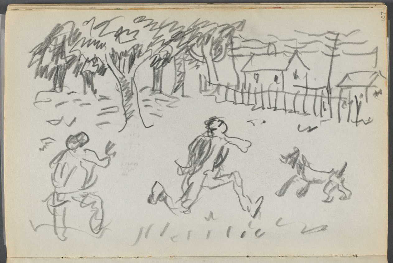 Sketchbook, The Dells, N° 127, page 107: Landscape with Figures and dog