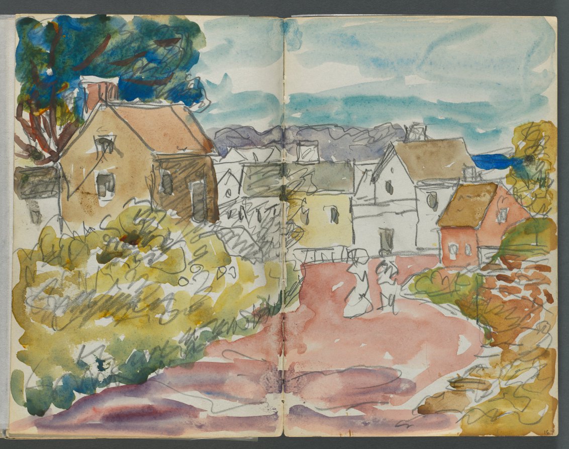 Sketchbook, The Dells, N° 127, page 166 & 167: Village with Houses and road 