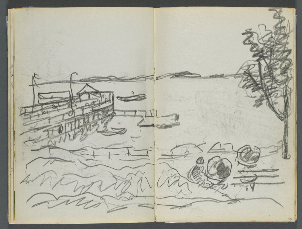 Sketchbook, The Dells, N° 127, page 112 & 113: View of Dock 