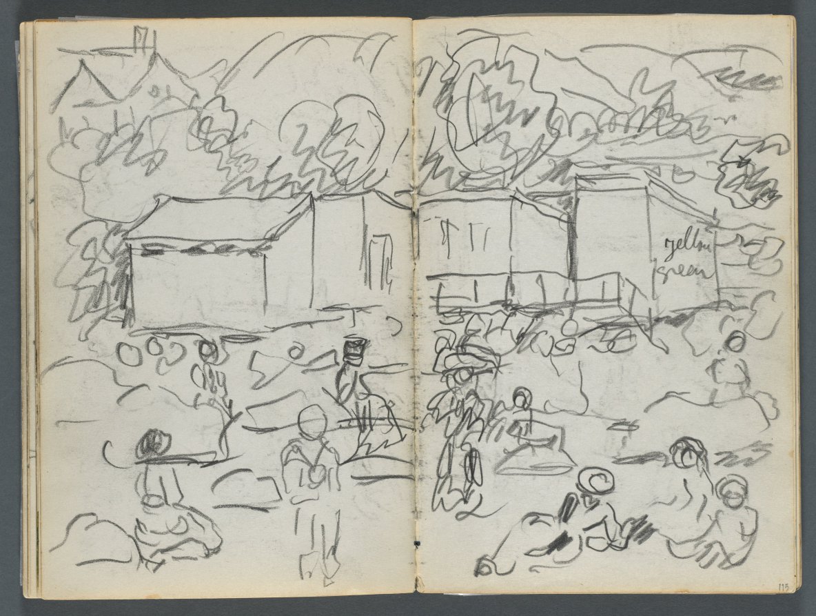 Sketchbook, The Dells, N° 127, page 114 & 115: Landscape with Figures and Buildings