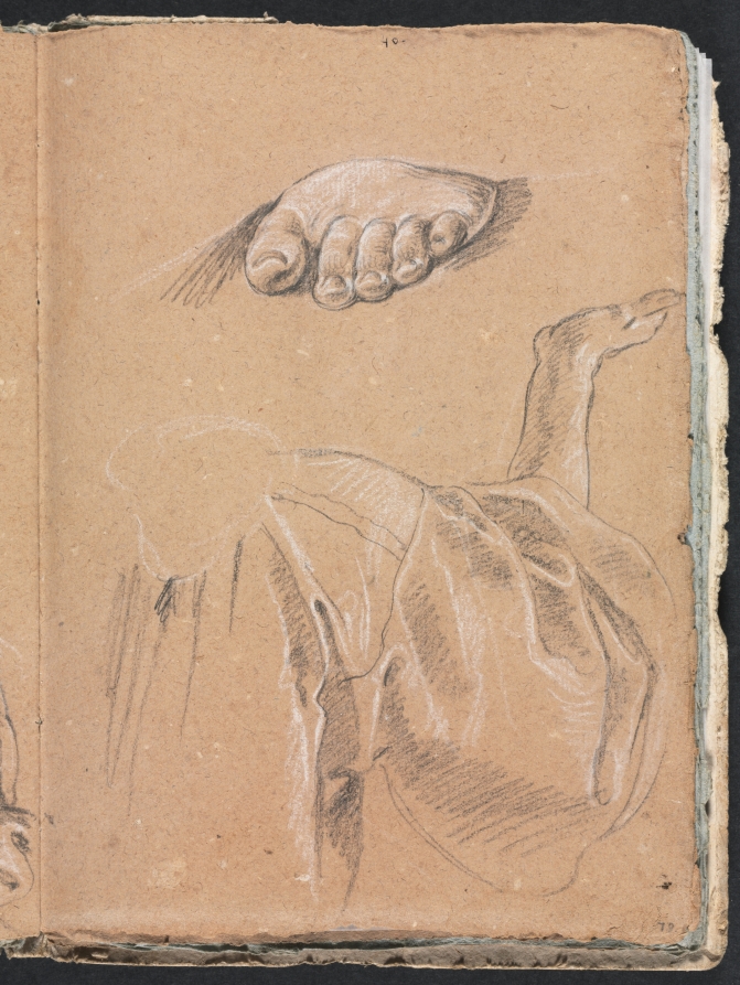 Verona Sketchbook: Study of a left foot and drapery study with right arm (page 79)