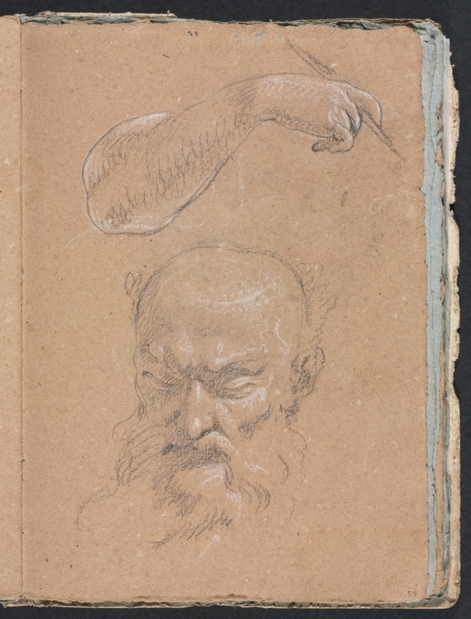 Verona Sketchbook: Head of a bearded man and right arm and hand (page 59)