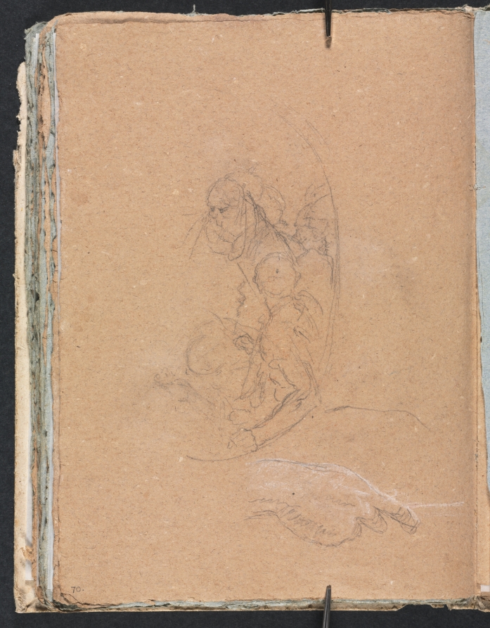 Verona Sketchbook: Figures in a roundel with study of a hand (page 70)