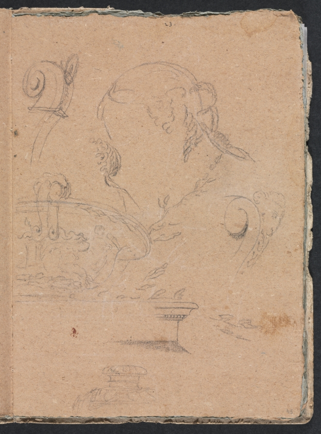 Verona Sketchbook: Architectural motifs with female head (page 45)