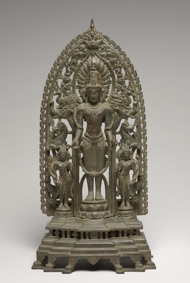 Vishnu Attended by Chakrapurusa and Shankhapurusa by Unknown Artist (1000), bronze with silver inlay at Cleveland Museum of Art