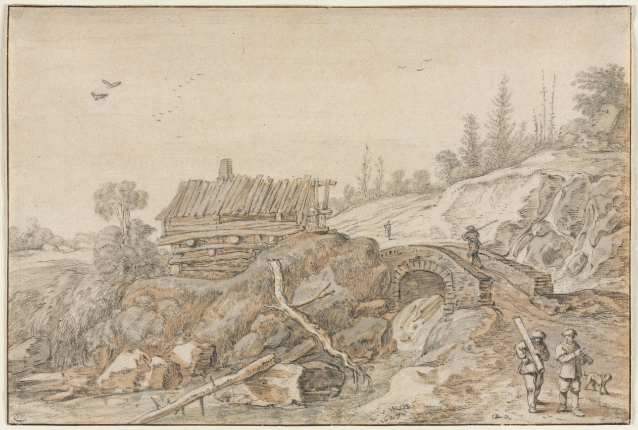 Hilly Landscape with Hut Beside a Stream