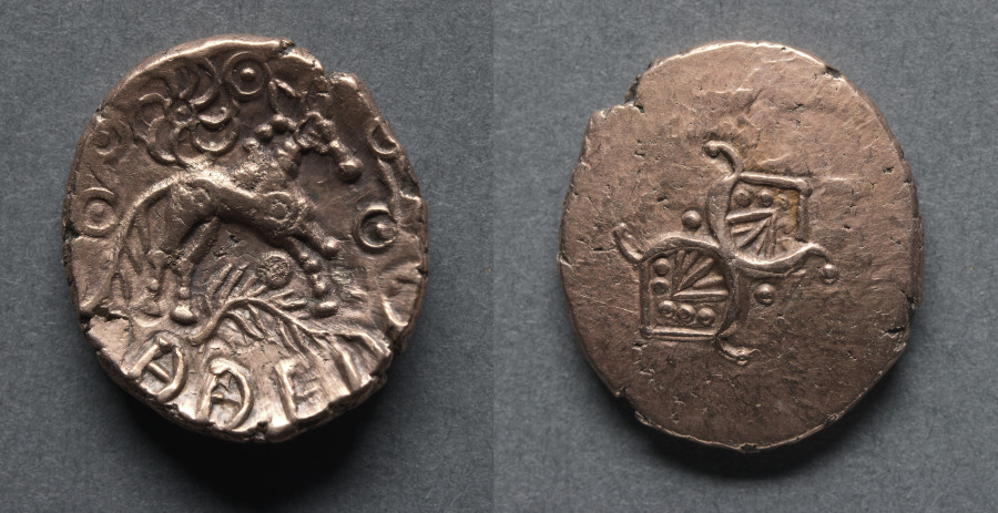 Addedomaros Stater: Crescents (obverse); Horse, Branch, and Spiral Sun (reverse)