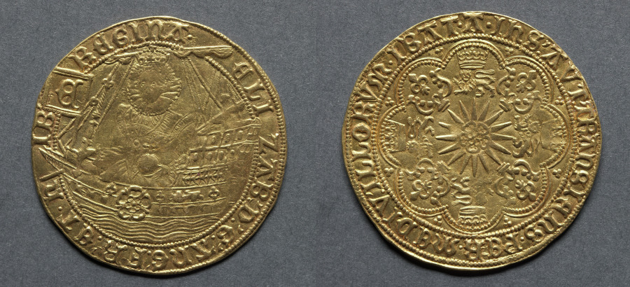 Ryal: Elizabeth I in Ship (obverse); Rose over Radiate Sun (reverse)