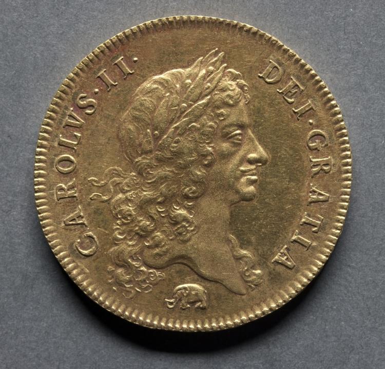 Five Guineas: Charles II (obverse)