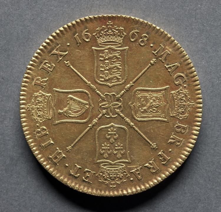 Five Guineas: Crowned Shields of Arms from England, Scotland, France, and Ireland (reverse)