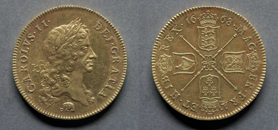 Five Guineas: Charles II (obverse); Four Shields (reverse)