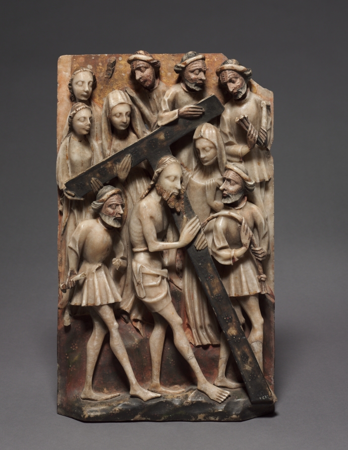 Christ Carrying the Cross (Panel from an Altarpiece) by Unknown Artist (1400), painted and gilded alabaster at Cleveland Museum of Art