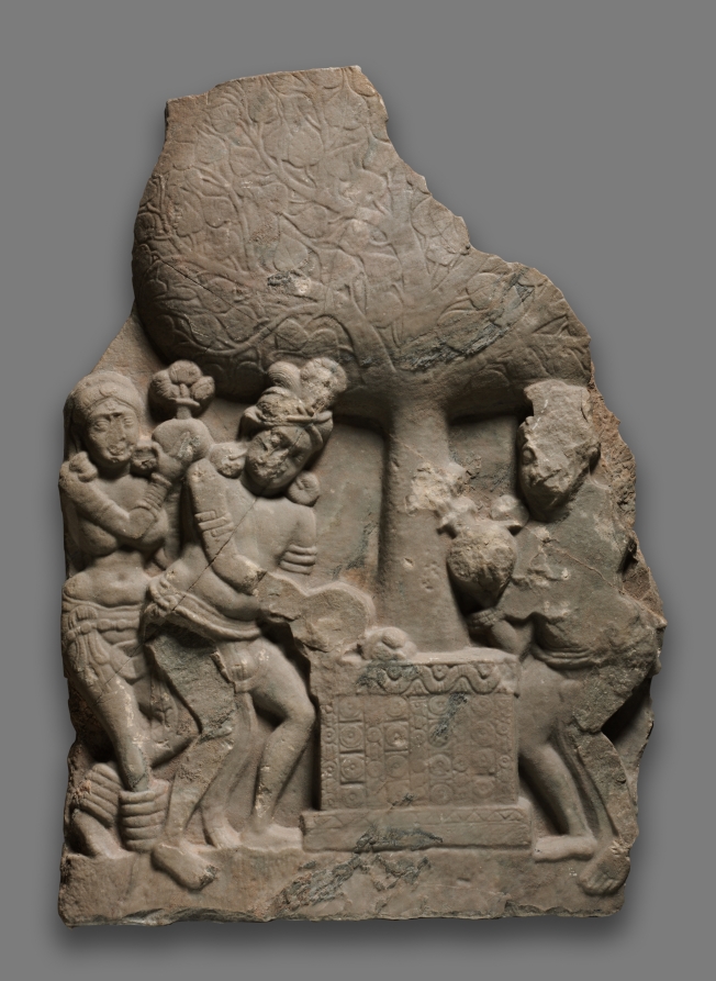 Worshippers at a sacred tree by Unknown Artist (-100), limestone at Cleveland Museum of Art