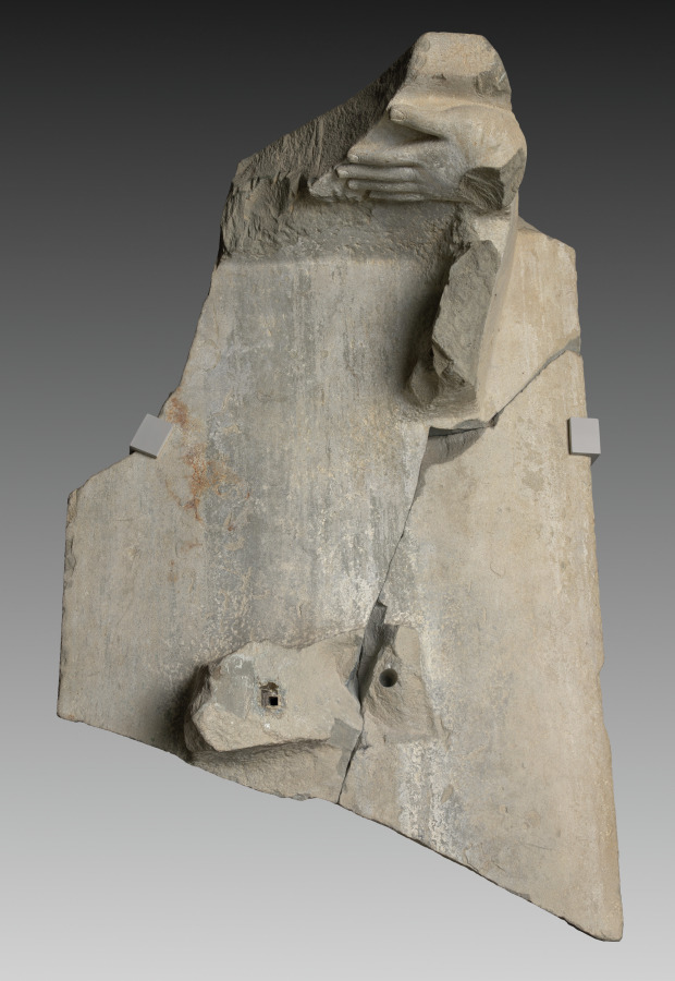 Upper stele with hand for Krishna Lifting Mount Govardhan by Unknown Artist (590), Sandstone at Cleveland Museum of Art