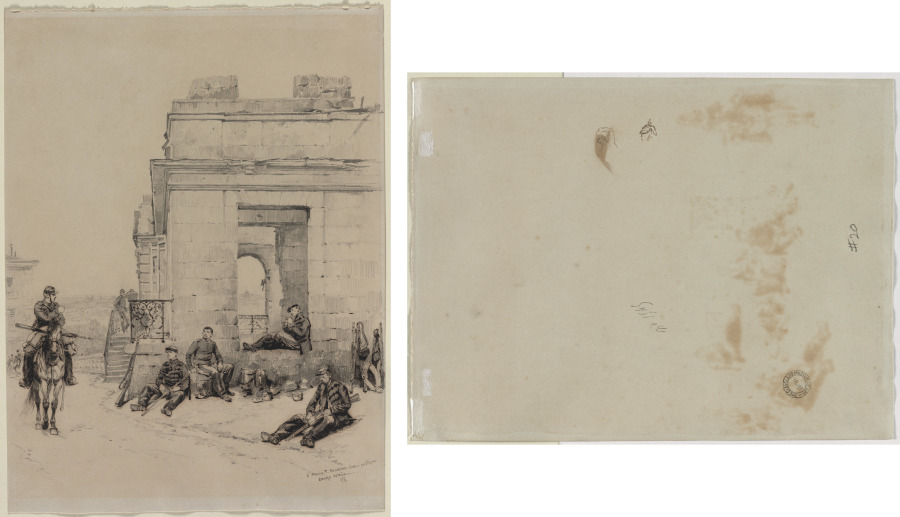 Soldiers Resting (recto); Sketch of a Man with Upraised Arm and Sketch of a Helmet (verso)