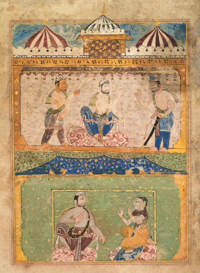 A traveler persuades Lorik to return home (top); Chanda objects (bottom), from a Chandayana (Story of Chanda)