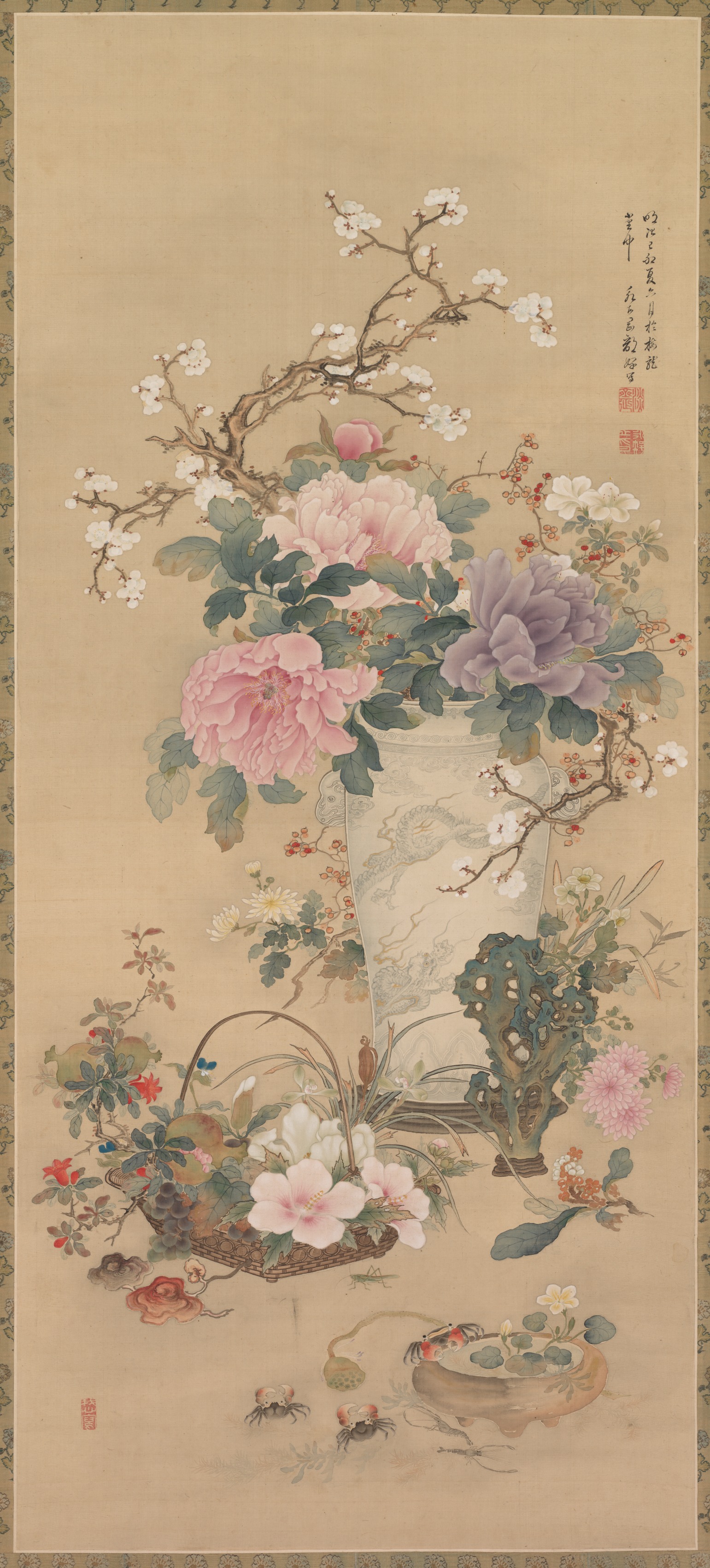 蘭　K. Kojima 油彩画 花瓶の花 金色フレーム　小島　光 Vase of Flowers with Grasshopper, Marine Life, and Garden