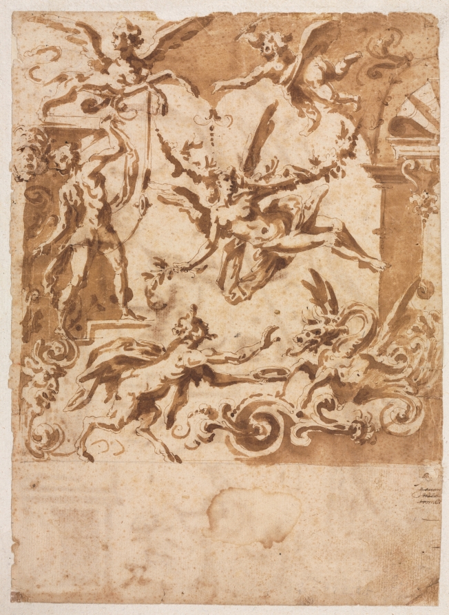 Grotesque with a Satyr Feeding a Dragon (recto)
