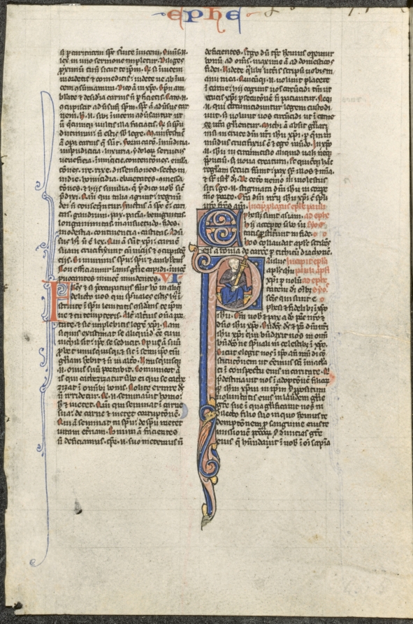 Leaf from a Latin Bible: Initial P with St. Paul Holding a Sword (St. Paul's Epistle to the Ephesians)