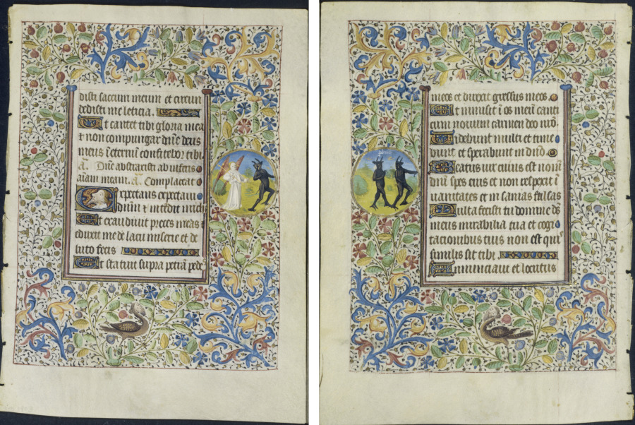 Leaf from a Book of Hours: Office of the Dead: Angel Chasing a Devil (recto) and Two Devils (verso)