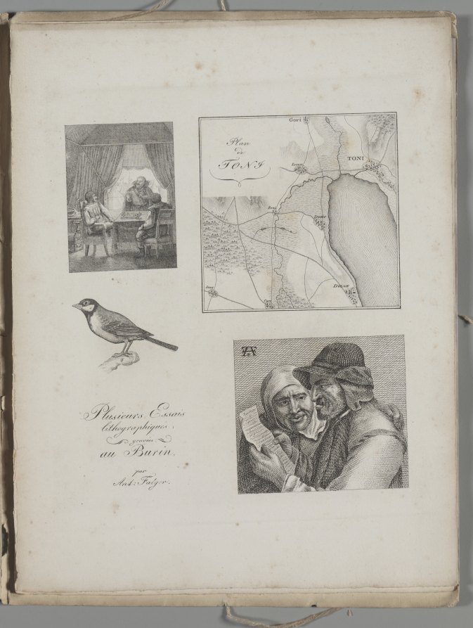 Art of the Lithograph: Four Engraving Samples, War Tent, Map of Toni, Bird, Dutch Farmer and Woman