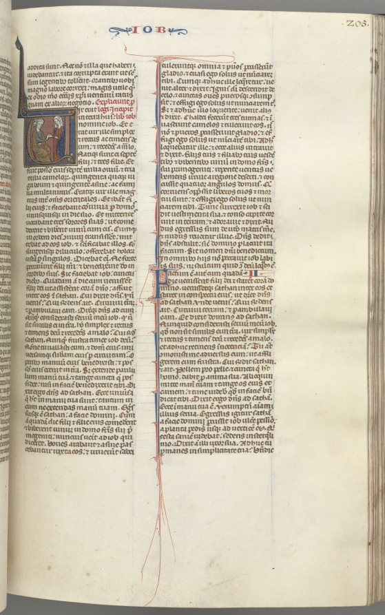 Fol. 205r, Job, historiated initial V, Job on the dungheap given a gold earring by one of his sisters