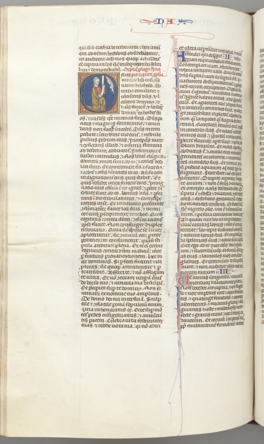 Fol. 360v, Nahum, historiated initial O, Nahum kneeling with a scroll, bust of God above