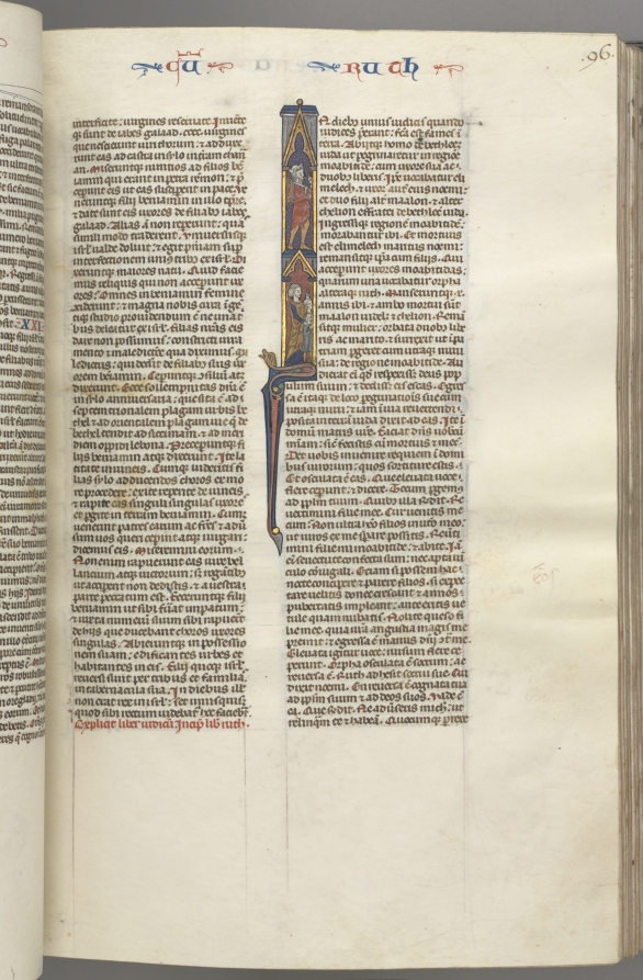 Fol. 96r, Ruth, Historiated Initial I with Elimilech and Naomi.