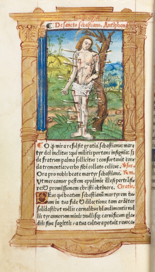 Printed Book of Hours (Use of Rome):  fol. 102v, St. Sebastian