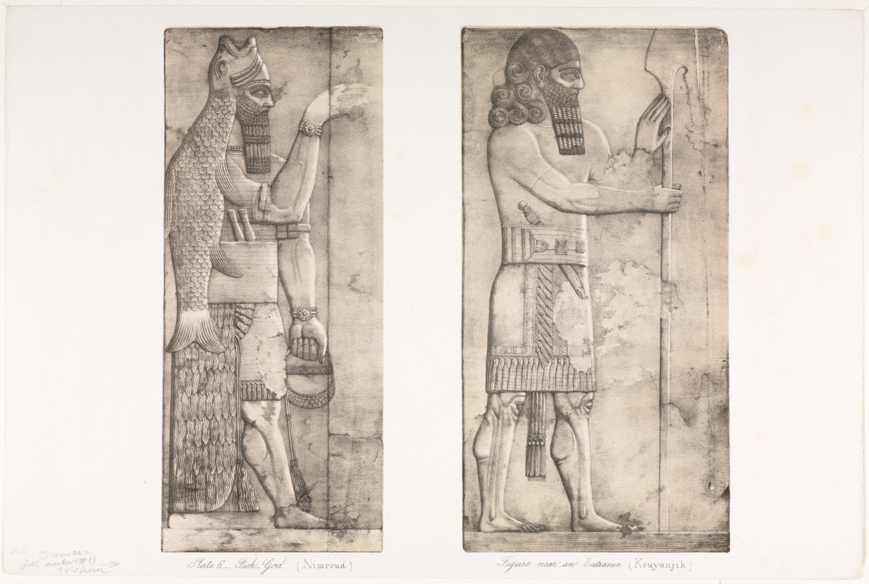 Monuments of Ninevah: Plate 6, Fish-god (Nimroud); Figure near an Entrance (Kouyunjik)
