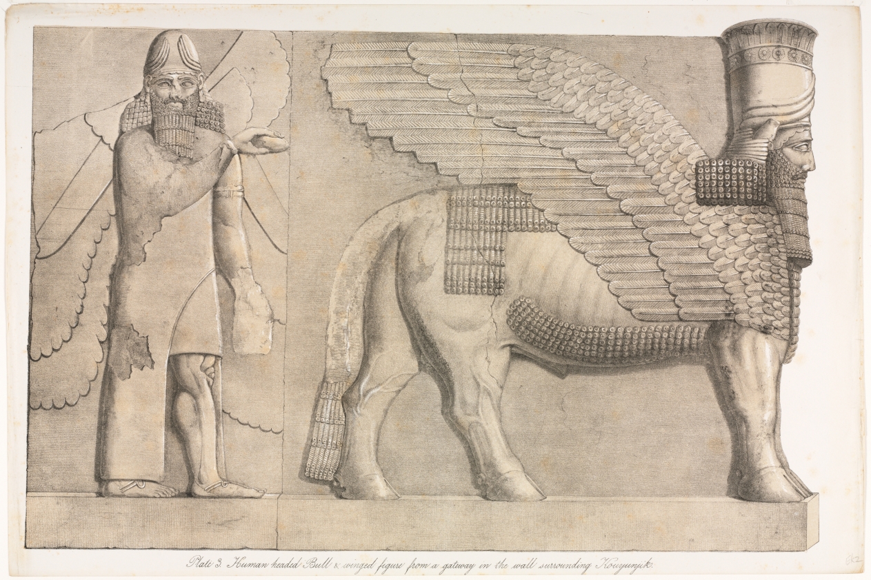 Monuments of Ninevah: Plate 3, Human-headed Bull and Winged Figure from a Gateway in the Wall Surrounding Kouyunjik (Quyunjik)