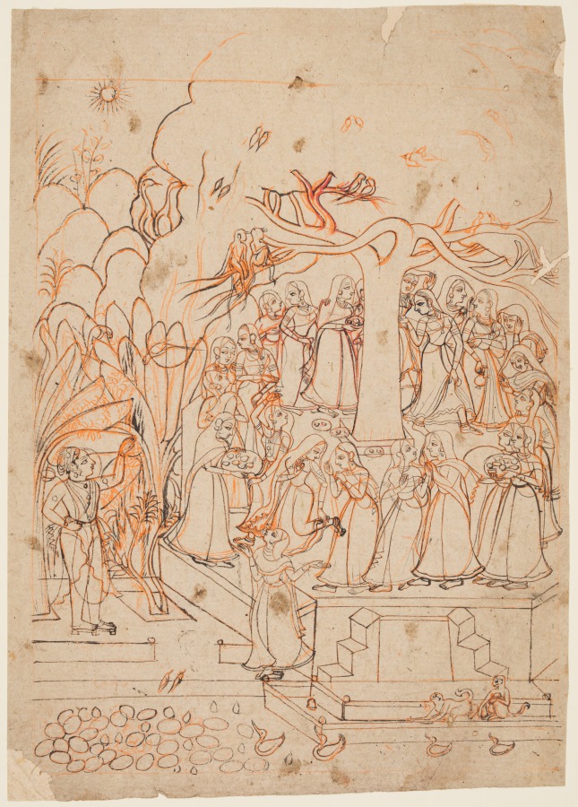 Krishna Watches the Milkmaids Circumambulating a Sacred Tree: the Month of Jyestha (May–June), from a Baramasa (The Twelve Months)