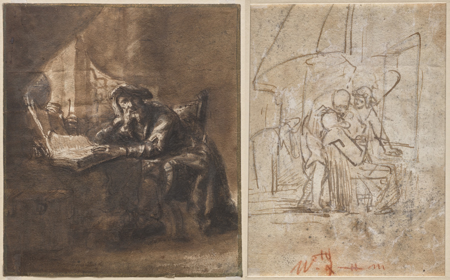 An Old Man Seated at a Table, His Head Resting on His Right Hand (recto); The Healing of Tobit (verso)