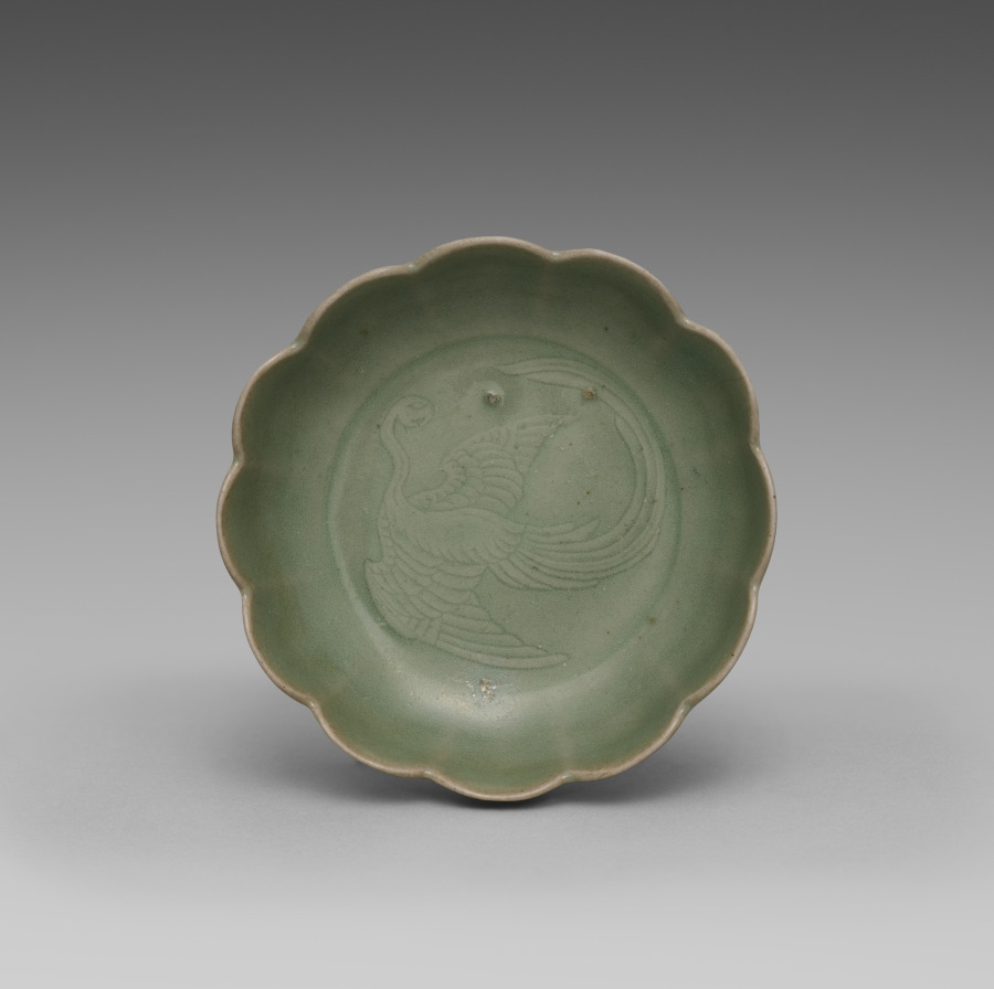 Celadon Dish with Molded Phoenix Design in the Shape of a Flower