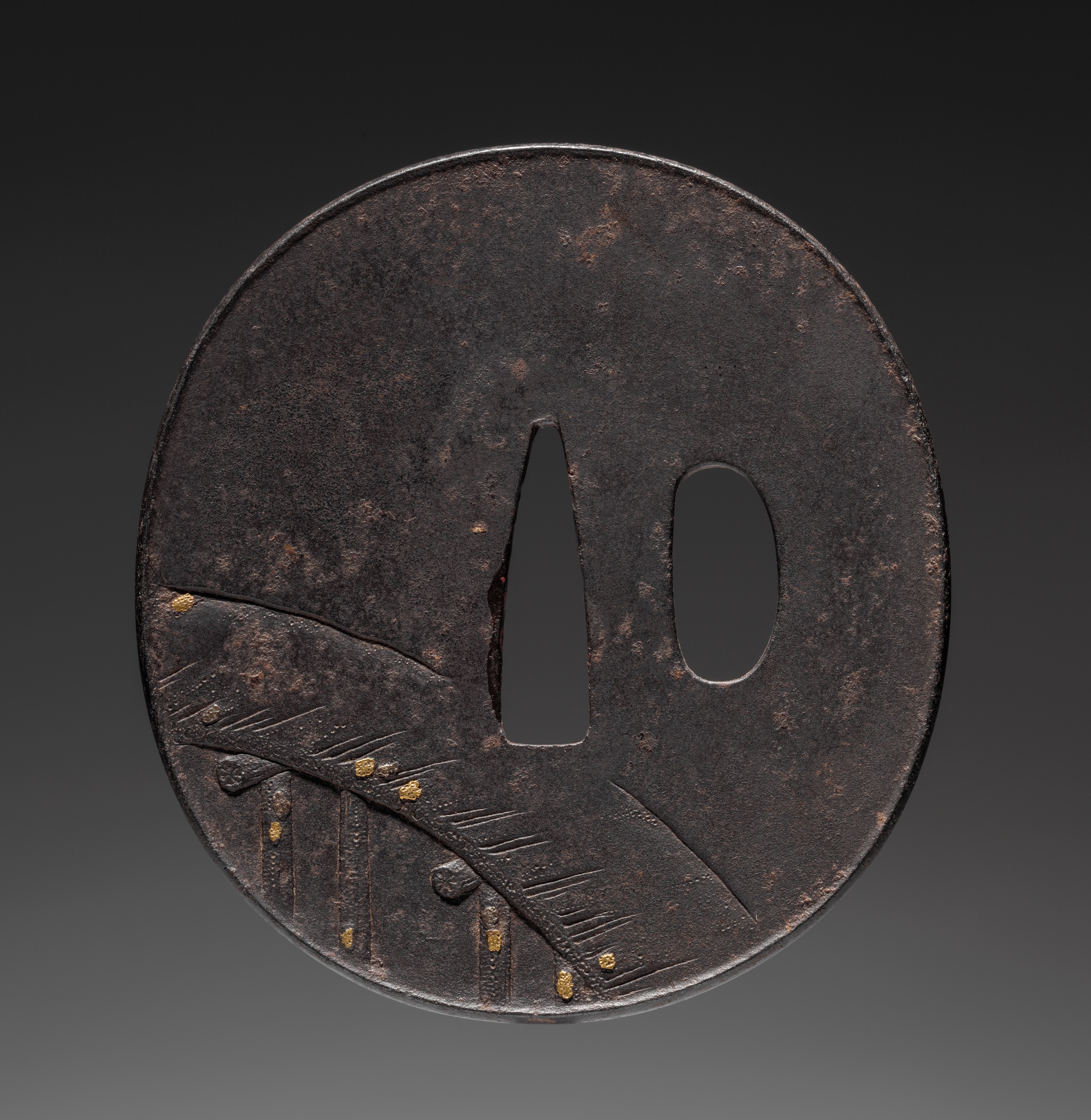 ひょうたんオブジェ Sword Guard (Tsuba) with Carp in Waterfall and Bridge | Cleveland