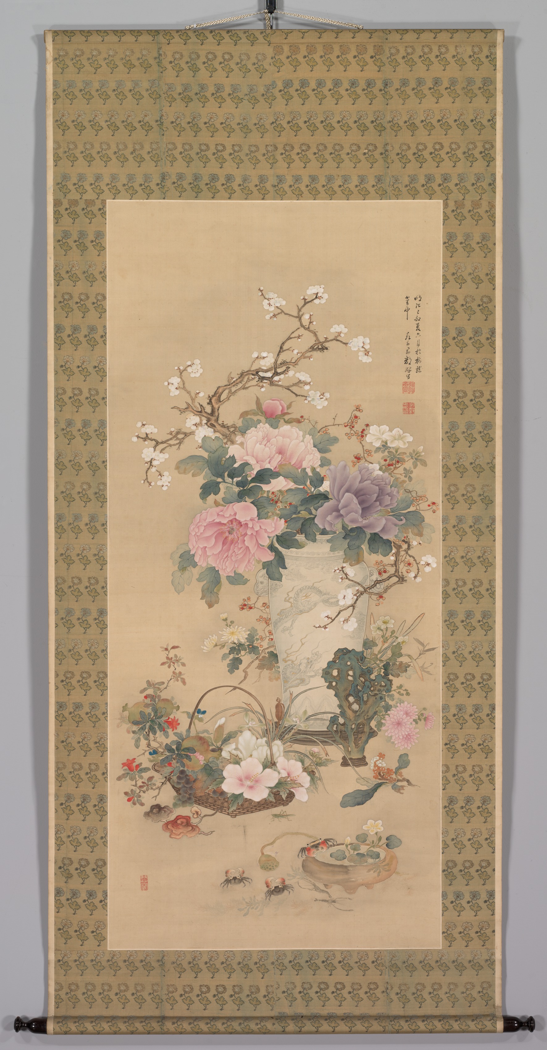 Vase of Flowers with Grasshopper, Marine Life, and Garden